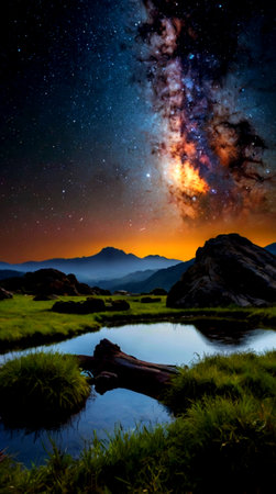 Milky Way over the mountains with a little pond in the foregroundの写真素材