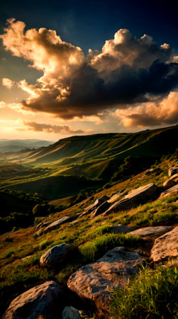 Sunset over the rolling hills in the Peak District National Park, England