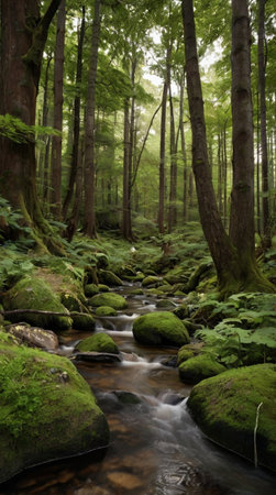 Streaming water in a green forest with mossy rocks and tree trunks