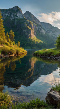 beautiful alpine lake in mountains at sunset. crystal clear water