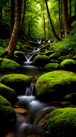 Long exposure of a stream flowing through a green forest in springtime