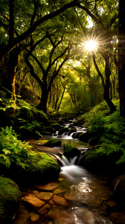 Mountain stream in the forest with sunbeams and lens flareの写真素材