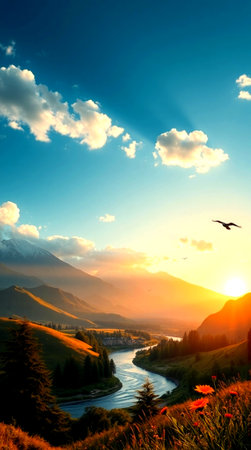 Beautiful sunset in the mountains. Landscape with a mountain river.