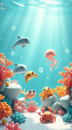 Underwater scene with funny fishes and corals. 3d renderの写真素材