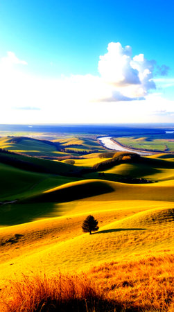 Beautiful sunset over rolling hills.