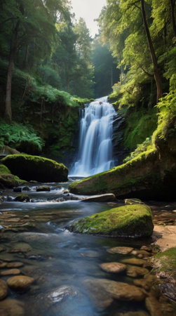 Waterfall in the forest. Beautiful landscape of a waterfall in the forest.の写真素材