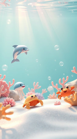 Underwater scene with fishes, coral and jellyfish.の写真素材