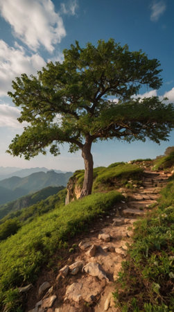 Lonely tree in the mountains. Beautiful landscape on a sunny day.