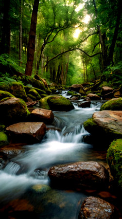 Long exposure of a stream flowing through a green forest in the summerの写真素材