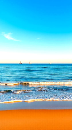 Beautiful seascape with sandy beach and blue sky at sunset