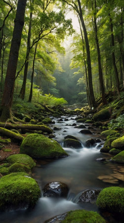 Stream in the forest with mossy stones and green trees in the backgroundの写真素材