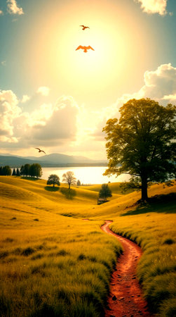 Beautiful sunset over the meadow. Panoramic view of a beautiful sunset over the meadow.の写真素材