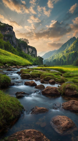 Beautiful summer landscape with mountain river and green meadow at sunsetの写真素材