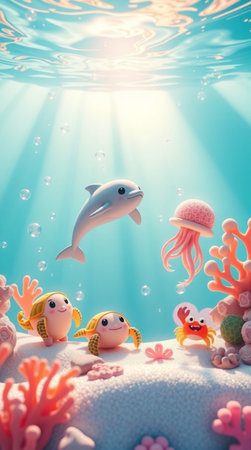 Underwater world with fishes and jellyfish. 3d illustration.