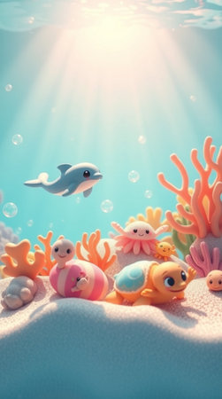 Underwater world with cute animals. 3d render. Underwater world.の写真素材