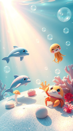 Underwater world with fish and jellyfish. 3d illustration.の写真素材