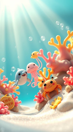 Sea life with jellyfish, fish and starfishの写真素材