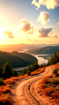 Road in the mountains at sunset. Beautiful natural landscape. Ukraine, Europe.の写真素材