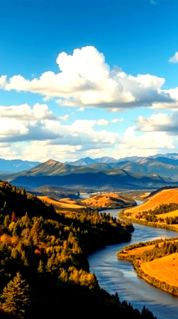 Beautiful autumn landscape with river and mountains under blue sky with clouds