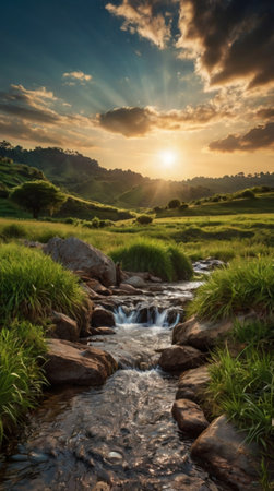 Landscape of rice fields and mountain river at sunset in the morning