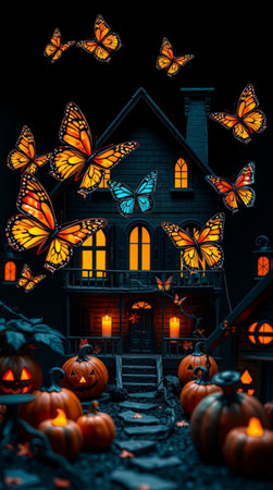 Halloween scene with haunted house, pumpkins and flying butterflies.の写真素材