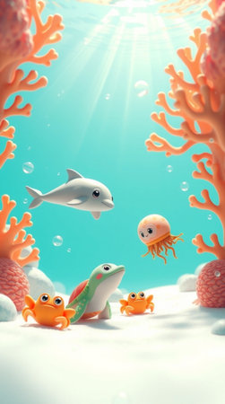 Underwater world with fish, jellyfish and coral. 3d render