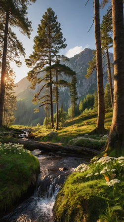 Mountain stream in the Dolomites at sunset. Italy.の写真素材