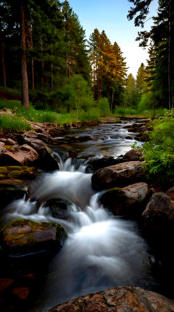 Beautiful waterfall in the forest on a summer evening. Shallow depth of field.の写真素材