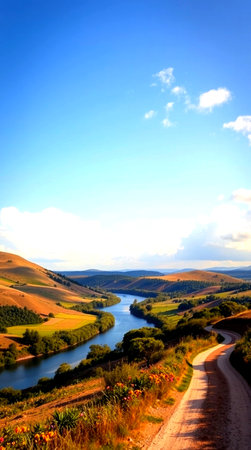 Beautiful spring landscape with river and hillsの写真素材