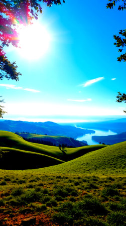 Mountain landscape with lake and blue sky with clouds. Nature composition.の写真素材