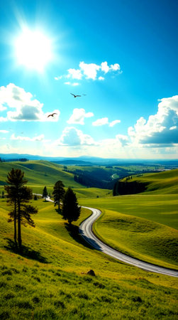Beautiful landscape with a winding road through green hills and clear blue sky.の写真素材