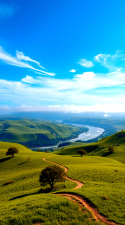 Beautiful landscape of green hills and blue sky with white clouds.の写真素材