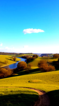 spring landscape with a river and blue sky, beautiful photo digital pictureの写真素材