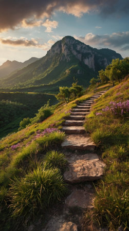 Staircase leading to the mountain peak at sunset. Beautiful summer landscape.の写真素材