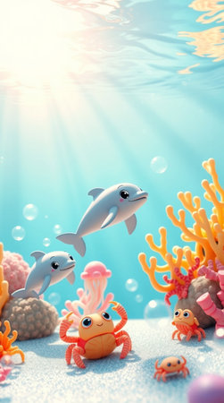 Underwater world with fish, crab and jellyfish. 3d renderingの写真素材