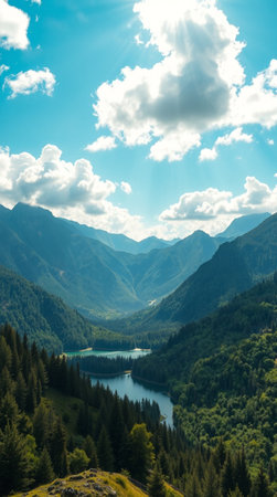 Beautiful mountain landscape with lake and forest under blue sky with cloudsの写真素材
