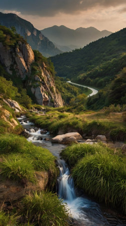 Mountain river in the mountains of the Caucasus in the evening.の写真素材