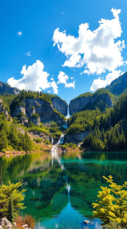 Beautiful alpine lake with a waterfall in the mountains on a sunny dayの写真素材