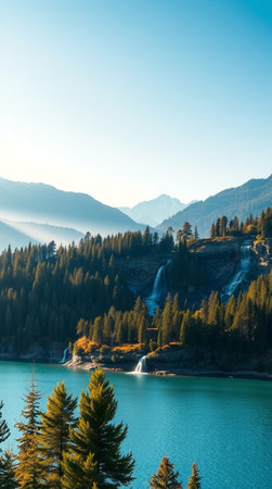 Autumn alpine landscape with lake and waterfall