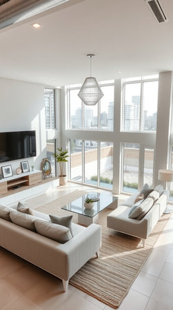 modern living room with sofa and coffee table, view from the window