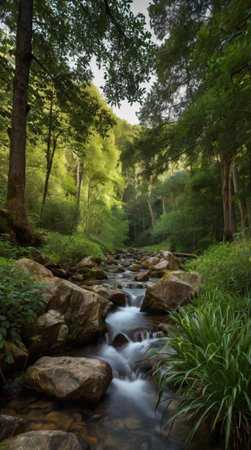 Mountain stream in the forest in the morning. Beautiful nature landscape.の写真素材