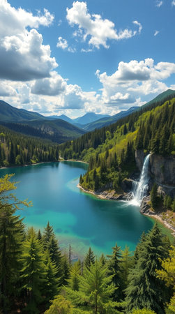 Mountain lake with a waterfall in the background of coniferous forest.の写真素材
