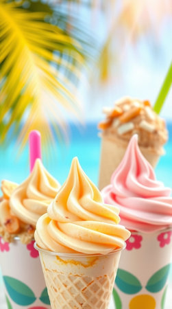 Ice cream in cone with tropical palm leaf and sea background, summer conceptの写真素材