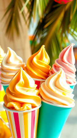 Ice cream in colorful cups on the background of the palm tree.の写真素材