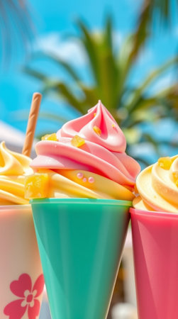 Colorful ice cream in plastic cups on the background of palm treesの写真素材