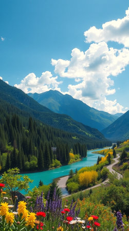 Mountain landscape with lake and coniferous forest in sunny dayの写真素材
