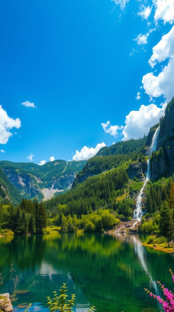 Beautiful alpine lake with waterfall in Alps. Summer landscape