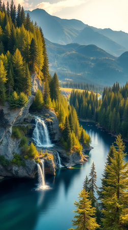 Beautiful mountain landscape with a waterfall in the middle of the forestの写真素材
