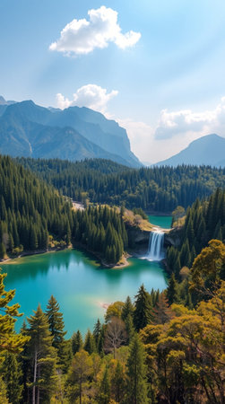Beautiful lake in the mountains. The lake is surrounded by coniferous forest.