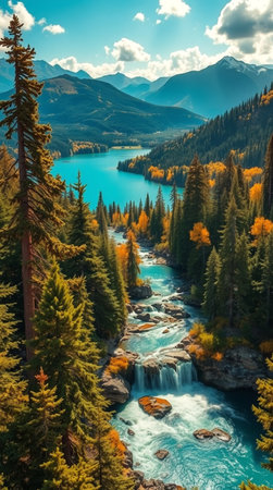 Mountain river with turquoise water. Beautiful autumn landscape.